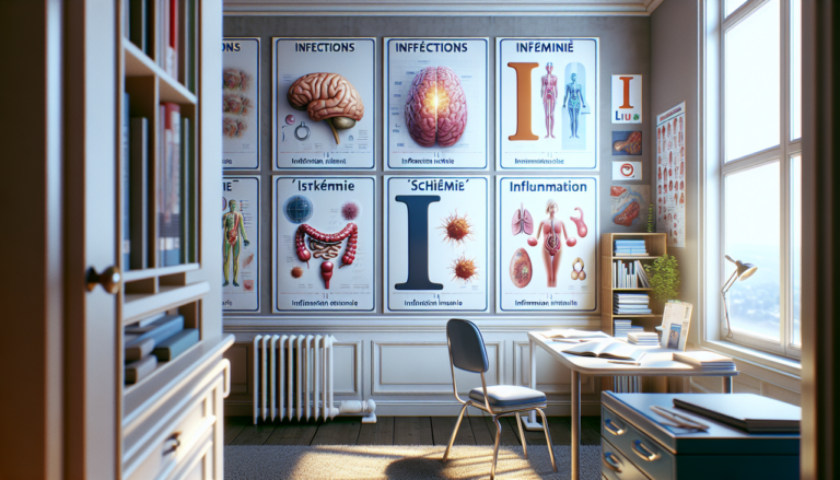 Affiche éducative détaillée de maladies en I dans un environnement médical réaliste.