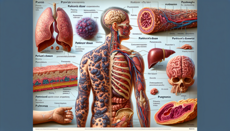 Maladie en P : Psoriasis, Parkinson, Pneumonie. Illustration médicale détaillée en haute résolution.