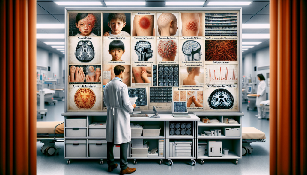 Illustration médicale personnifiant des maladies commençant par "S": Scarlatine, Syndrome de Stockholm, Sclérose en plaques.