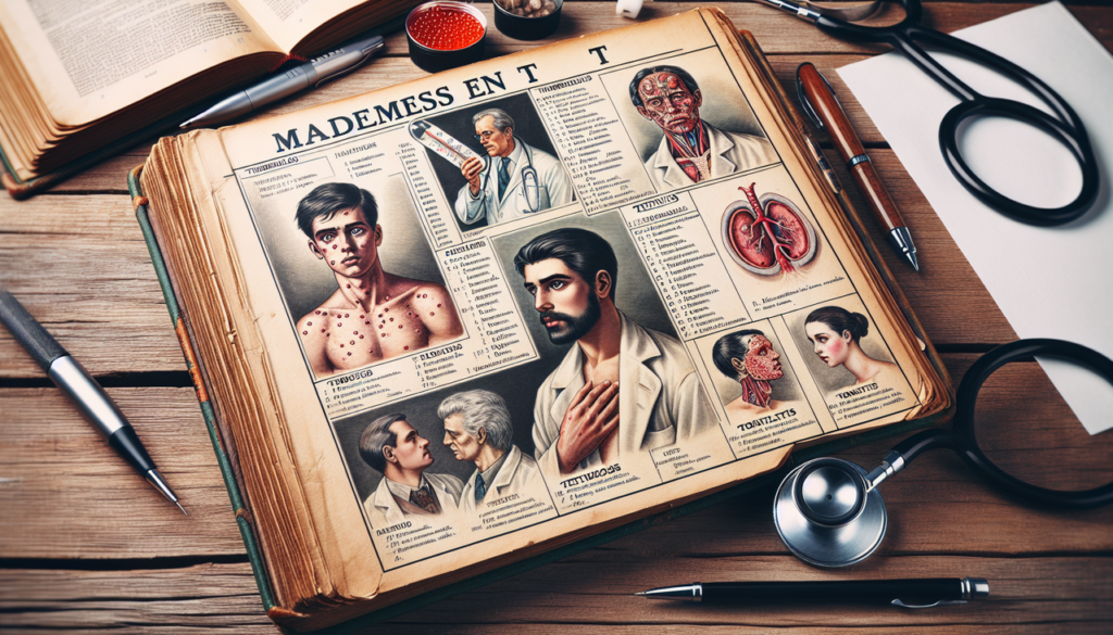 Illustration complète des maladies commençant par la lettre T, incluant fièvre, éruption cutanée, examen médical.