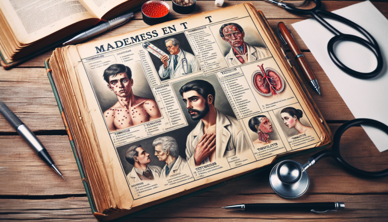Illustration complète des maladies commençant par la lettre T, incluant fièvre, éruption cutanée, examen médical.