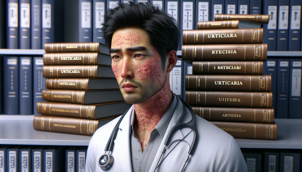Illustration réaliste d'une personne avec des symptômes d'urticaire, entourée de livres médicaux commençant par "U".