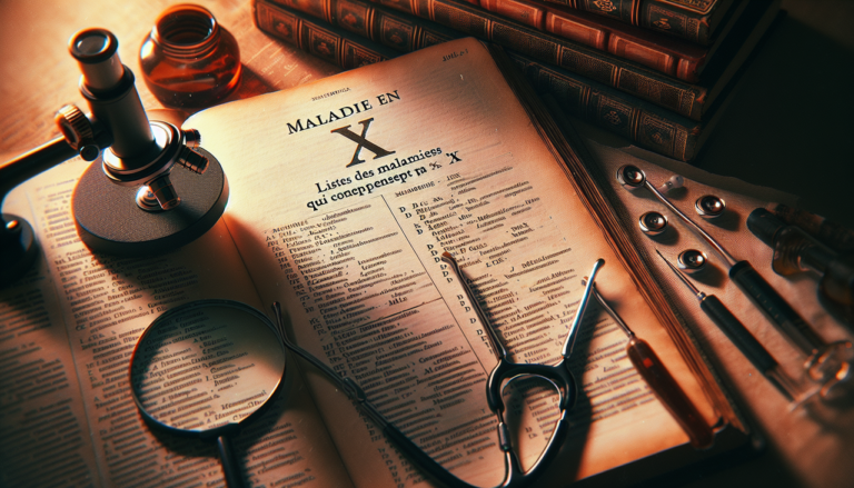 Affichage élégant d'une page d'encyclopédie médicale "Maladie en X: Liste des maladies commençant par X" avec des termes de maladies soulignés en français, entourée de matériel médical et éclairage doux.