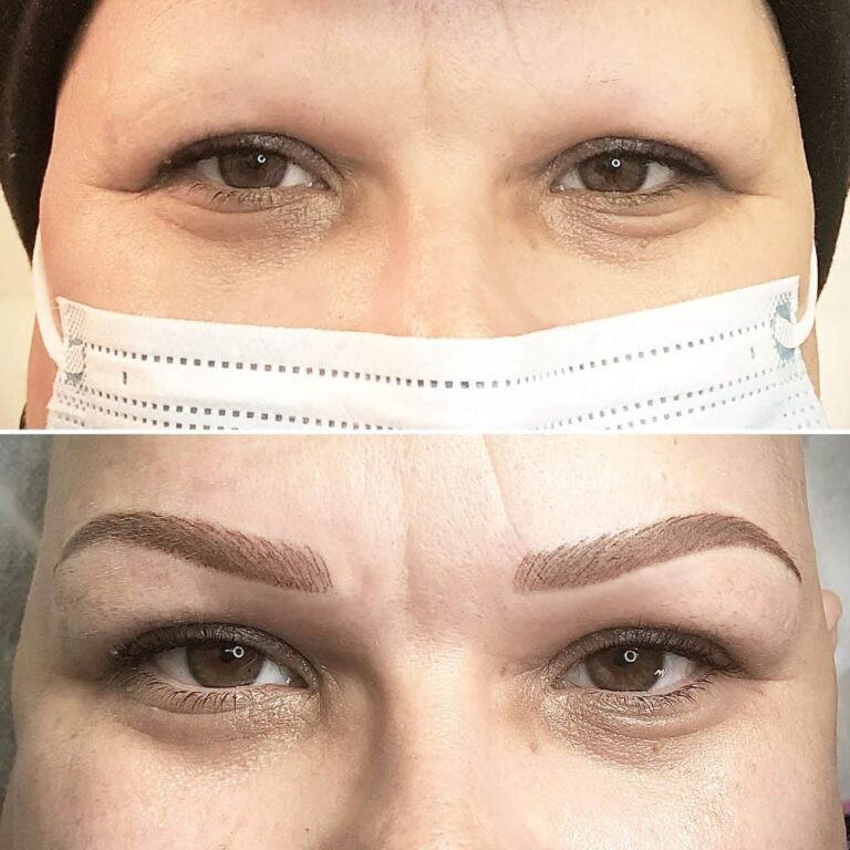 Gros plan sur des sourcils magnifiquement pigmentés avec une technique de tatouage permanent.