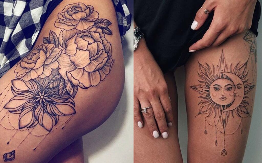 Tatouage femme cuisse avec motif floral élégant, idée tendance et inspirante