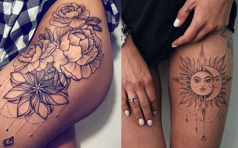 Tatouage femme cuisse avec motif floral élégant, idée tendance et inspirante