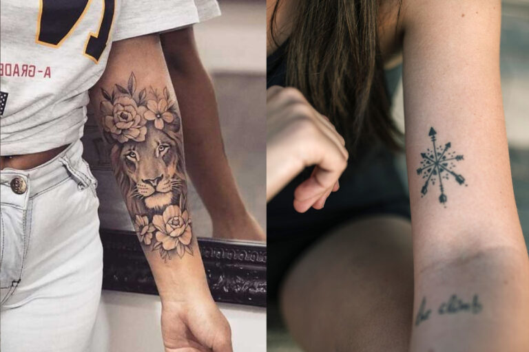 Tatouage féminin stylé sur avant-bras montrant un design moderne et tendance