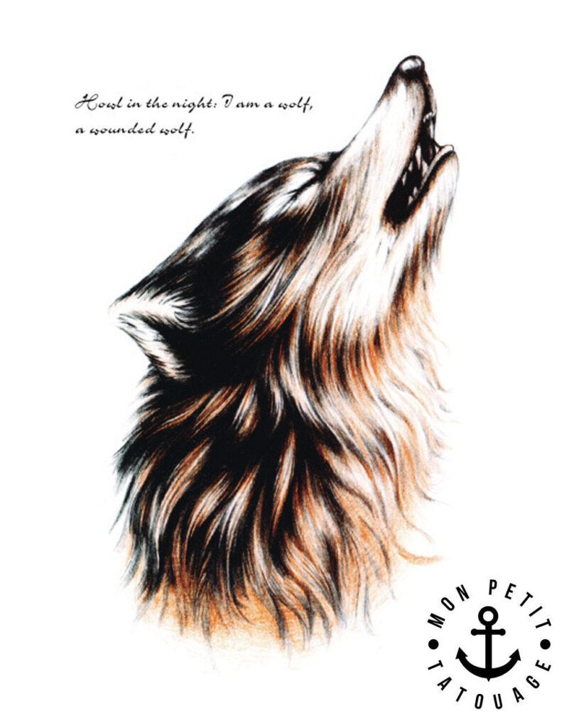 Tatouage loup en couleur vibrant avec des détails impressionnants, symbolisant force et mystère.