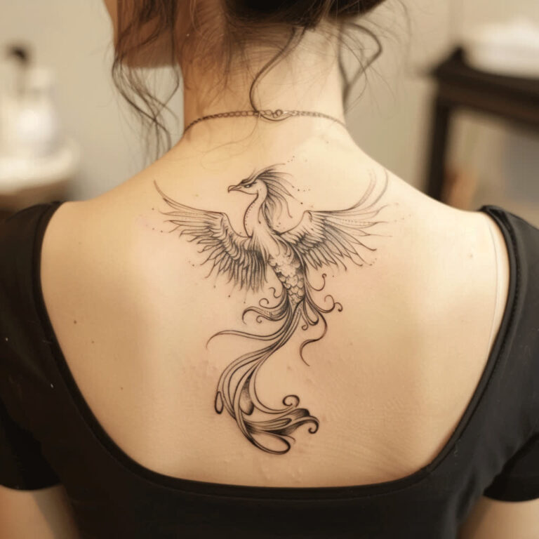 Un tatouage de phénix majestueux aux détails raffinés, symbolisant la renaissance et la puissance