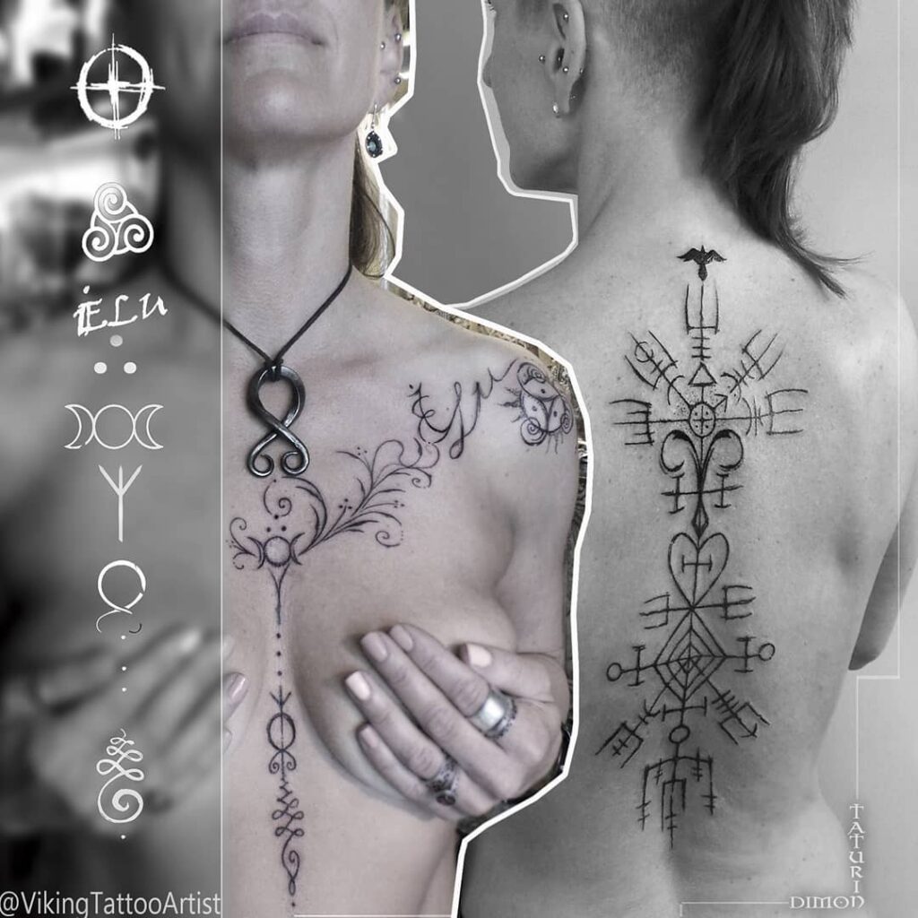 Grand tatouage viking symbolique sur le dos d'un homme, mettant en valeur des dessins complexes et des symboles nordiques.