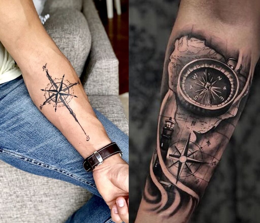 Tatouage boussole détaillé sur l'avant-bras d'un homme, symbole de voyage et de guidance