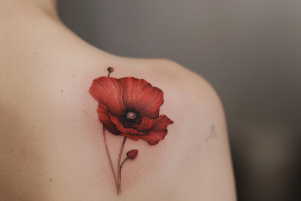 Tatouage de coquelicot en couleur sur l'avant-bras, symbole de souvenir et de délicatesse