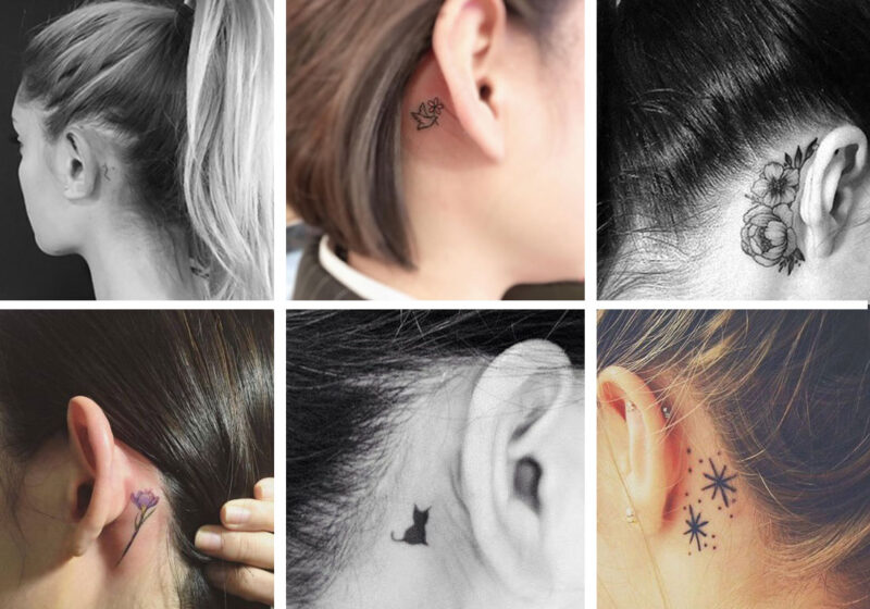 Tatouage délicat derrière l'oreille apportant une touche discrète et élégante