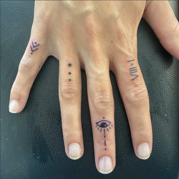 Tatouage tendance sur les doigts d'un homme avec des motifs élégants