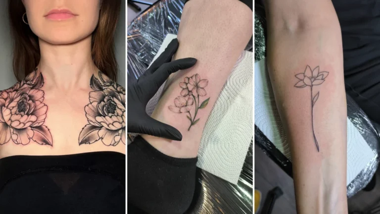 Tatouage floral détaillé représentant différentes fleurs et leurs significations symboliques
