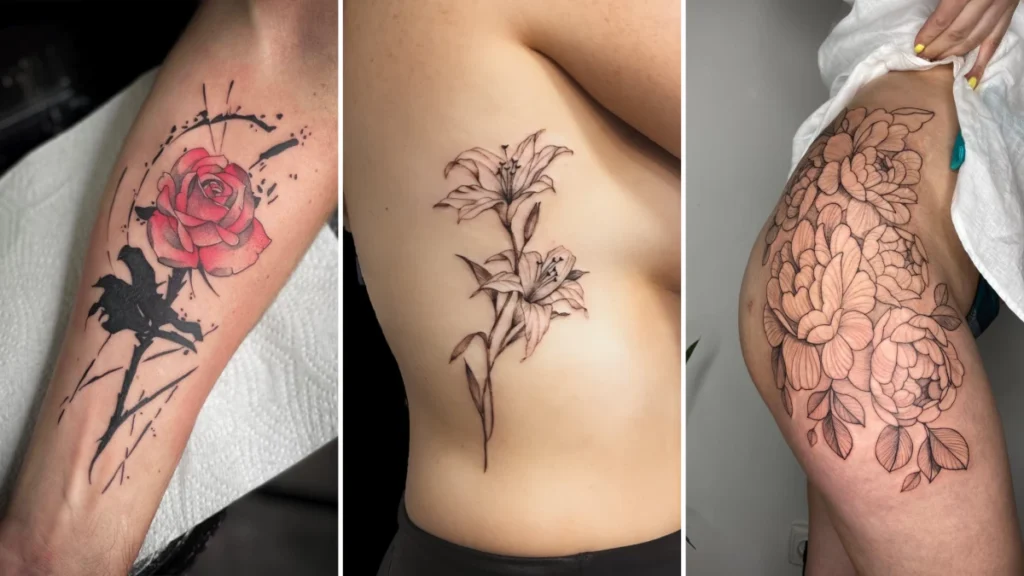 Tatouage floral détaillé sur l'avant-bras représentant différentes fleurs et leur symbolique