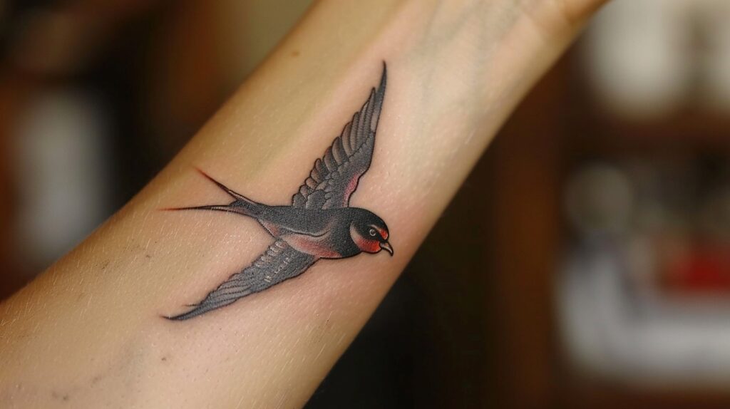 Tatouage d'hirondelle minimaliste sur l'avant-bras symbolisant liberté et espoir