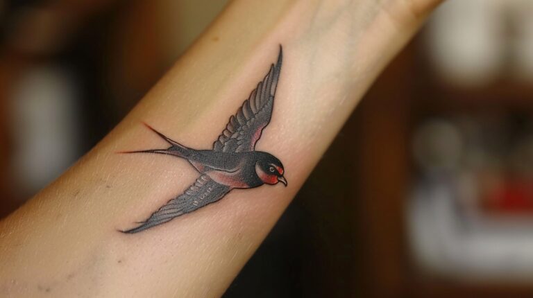 Tatouage d'hirondelle minimaliste sur l'avant-bras symbolisant liberté et espoir