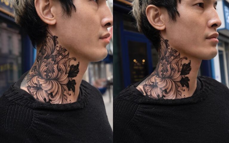 Tatouage homme sur le cou avec une fleur d’iris, un design tendance et élégant