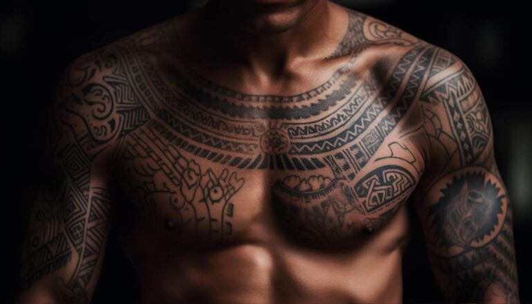 Tatouage maori traditionnel sur le bras et le torse, symbolisant la culture et la spiritualité maories.