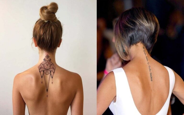Tatouage élégant et discret sur la nuque d'une femme aux cheveux relevés