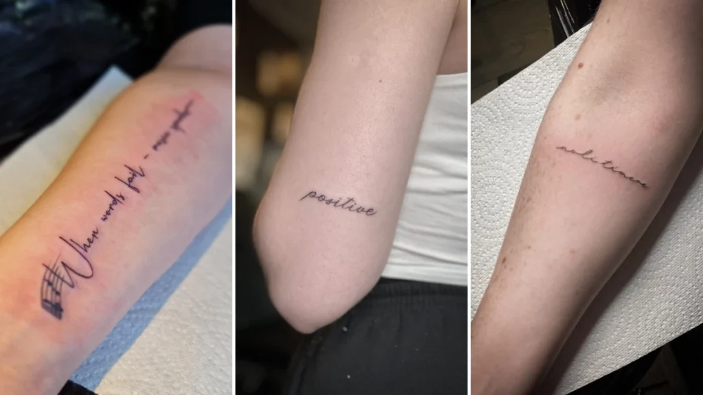 Tatouage d'une phrase élégante sur l'avant-bras en noir et gris