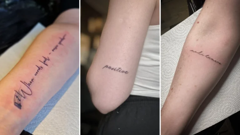 Tatouage d'une phrase élégante sur l'avant-bras en noir et gris