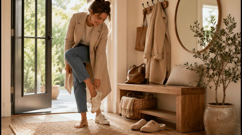 Femme retirant ses chaussures dans une entrée chaleureuse après une journée active.