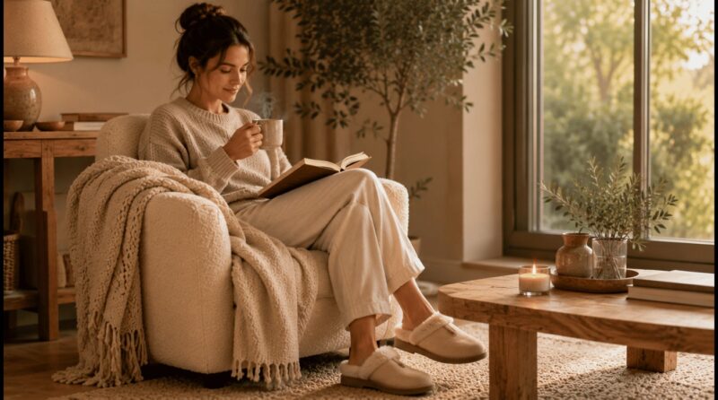 Femme installée dans un salon lumineux avec un plaid, une tasse et des chaussons confortables