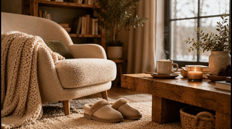 Gros plan élégant sur des chaussons chauds près d’un fauteuil et d’un plaid dans un intérieur cocooning.