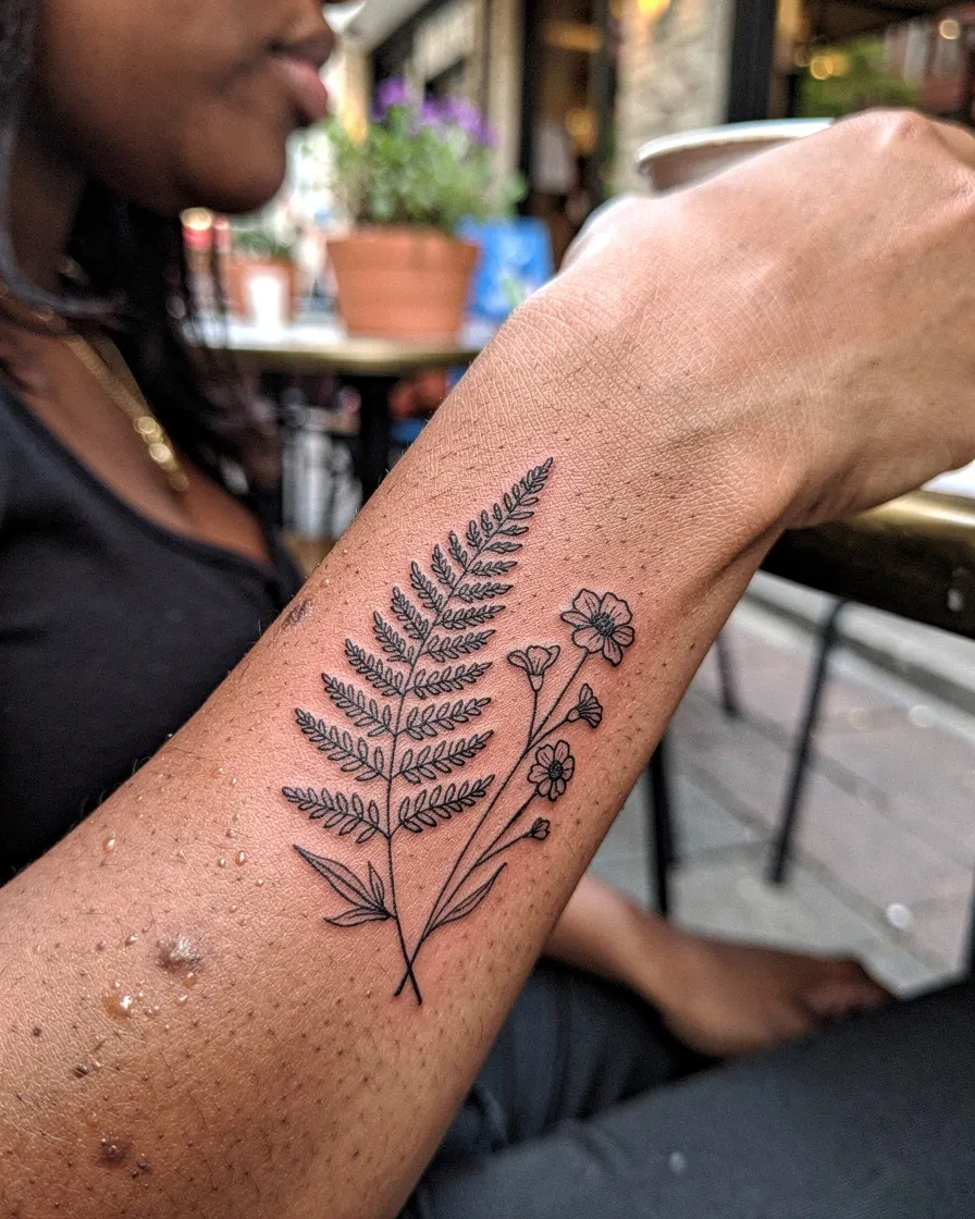 Tatouage botanique fine line sur l’avant-bras d’une femme, en terrasse de café