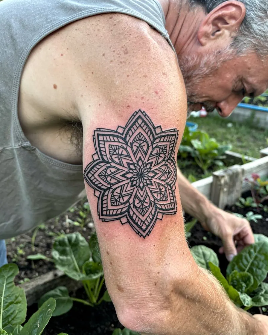 Mandala géométrique en blackwork sur le bras d’un homme qui jardine