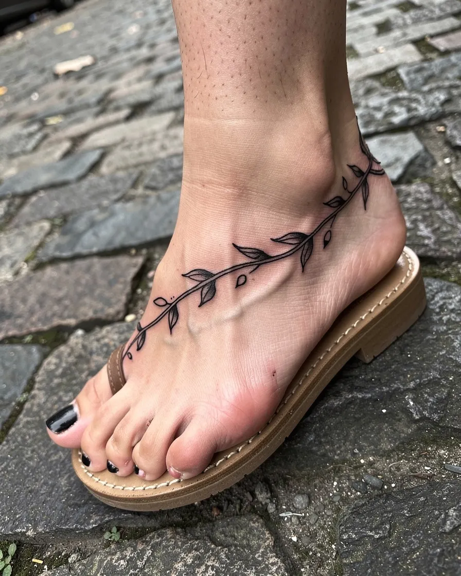 Liane fine line tatouée sur la cheville et le pied, sandales sur des pavés