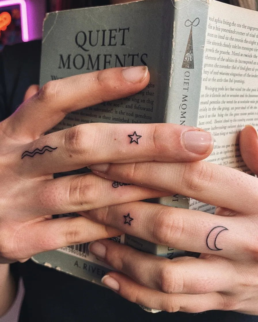 Petits tatouages minimalistes sur les doigts, main tenant un livre