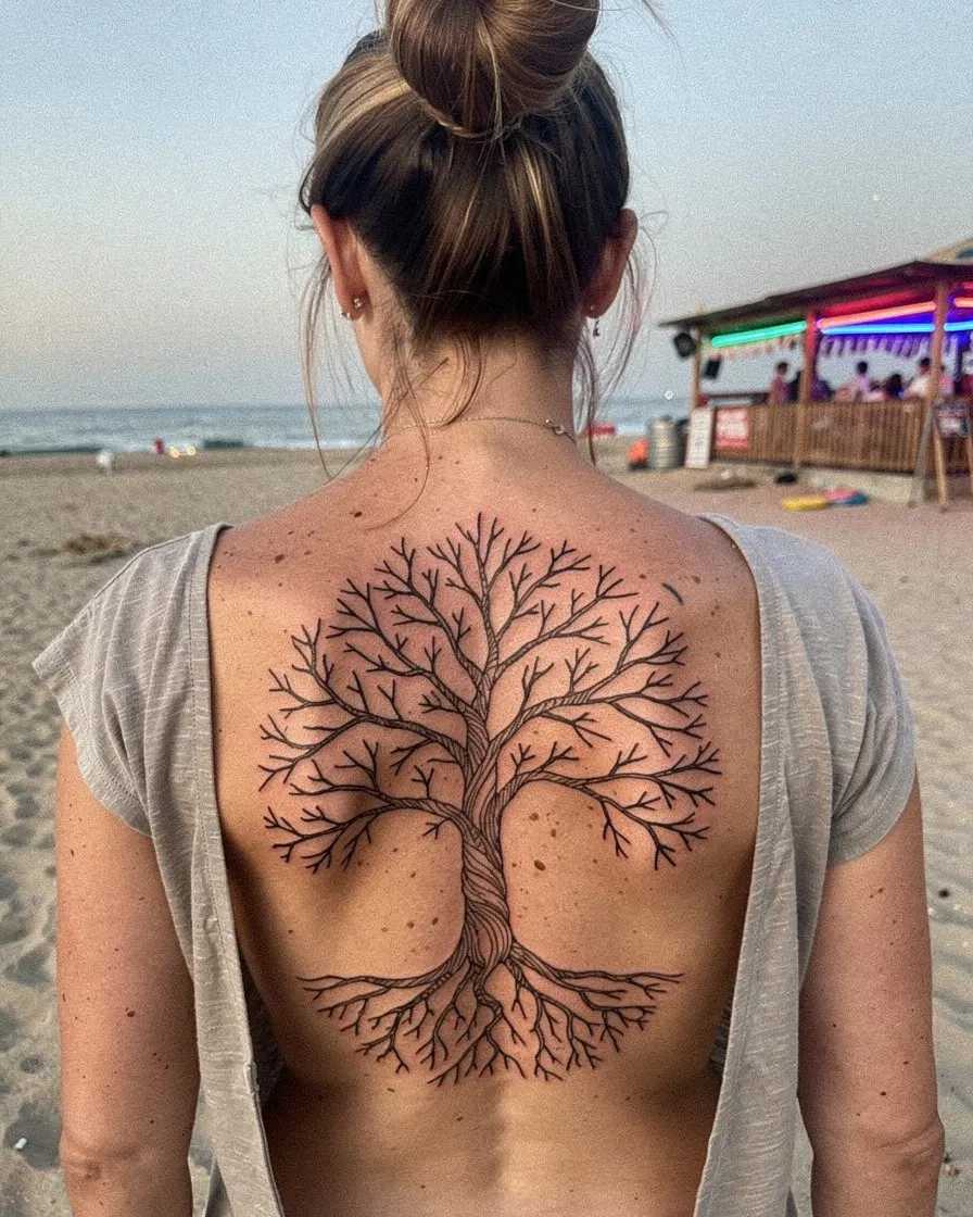 Arbre de vie fine line entre les omoplates, à la plage
