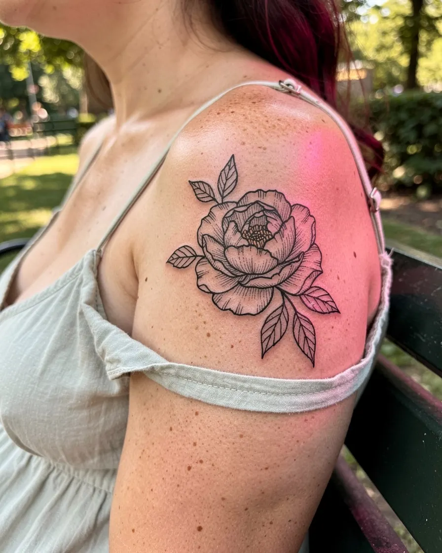 Pivoine tatouée sur l’épaule d’une femme assise sur un banc