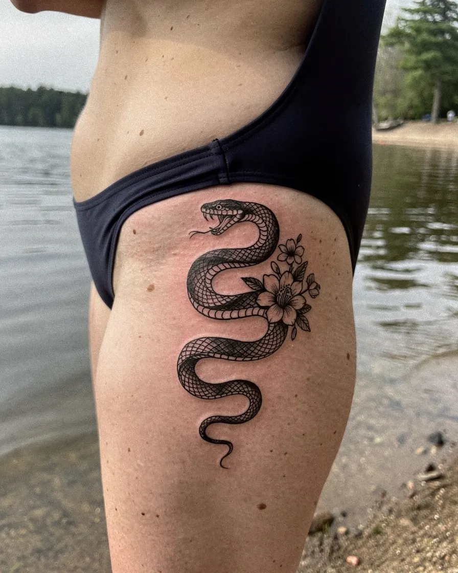 Serpent et fleurs tatoués sur la hanche, au bord d’un lac