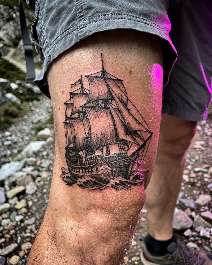Bateau old school tatoué sur le mollet d’un randonneur