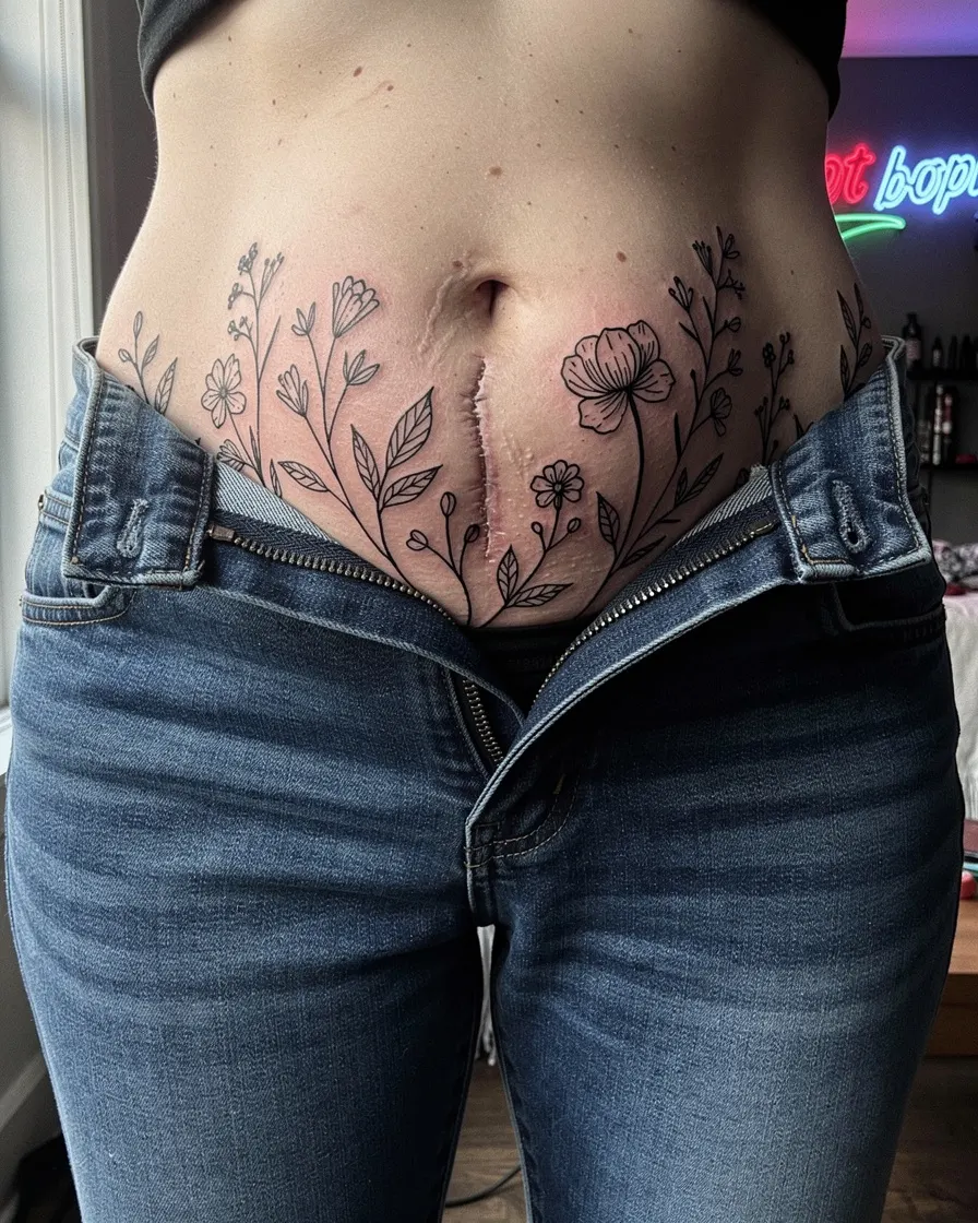 Tatouage botanique recouvrant une cicatrice de césarienne